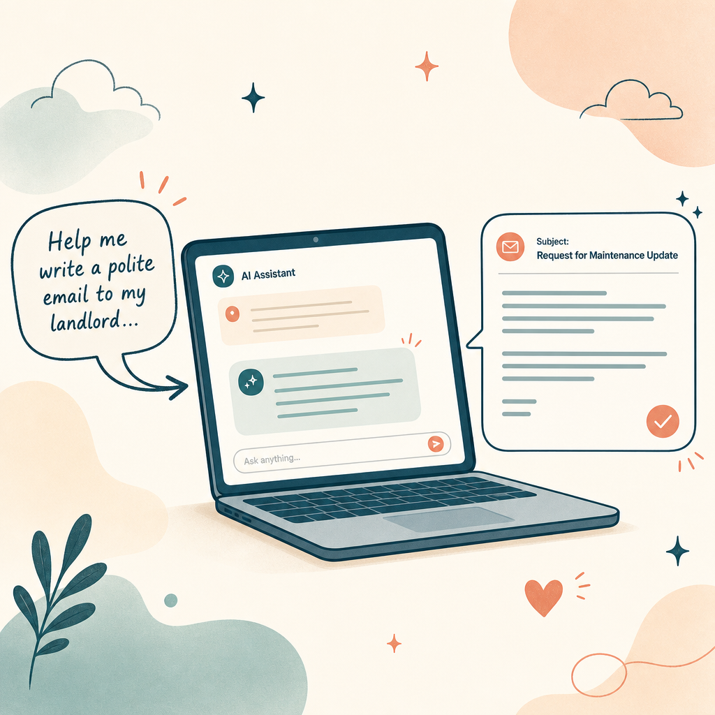 Illustration of a laptop turning a casual request into a polished email